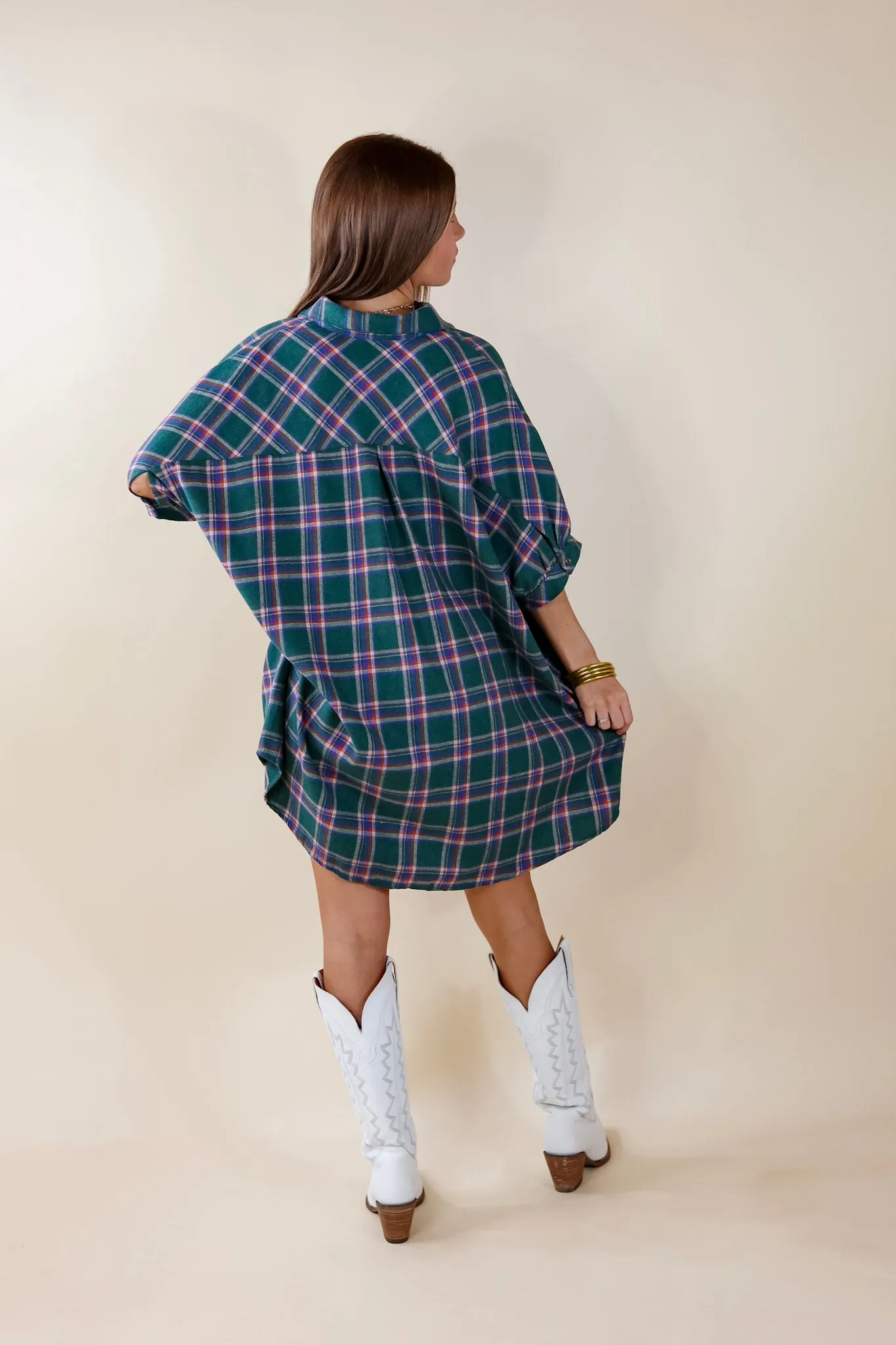 Cozy And Kind Button Up Plaid Dress in Green