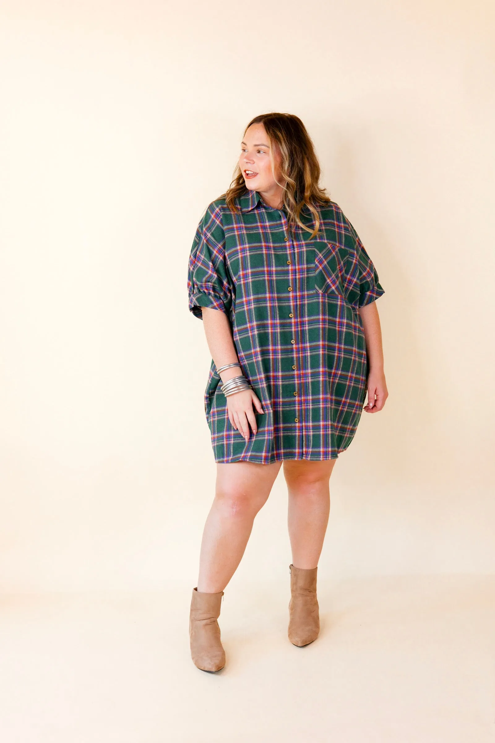Cozy And Kind Button Up Plaid Dress in Green