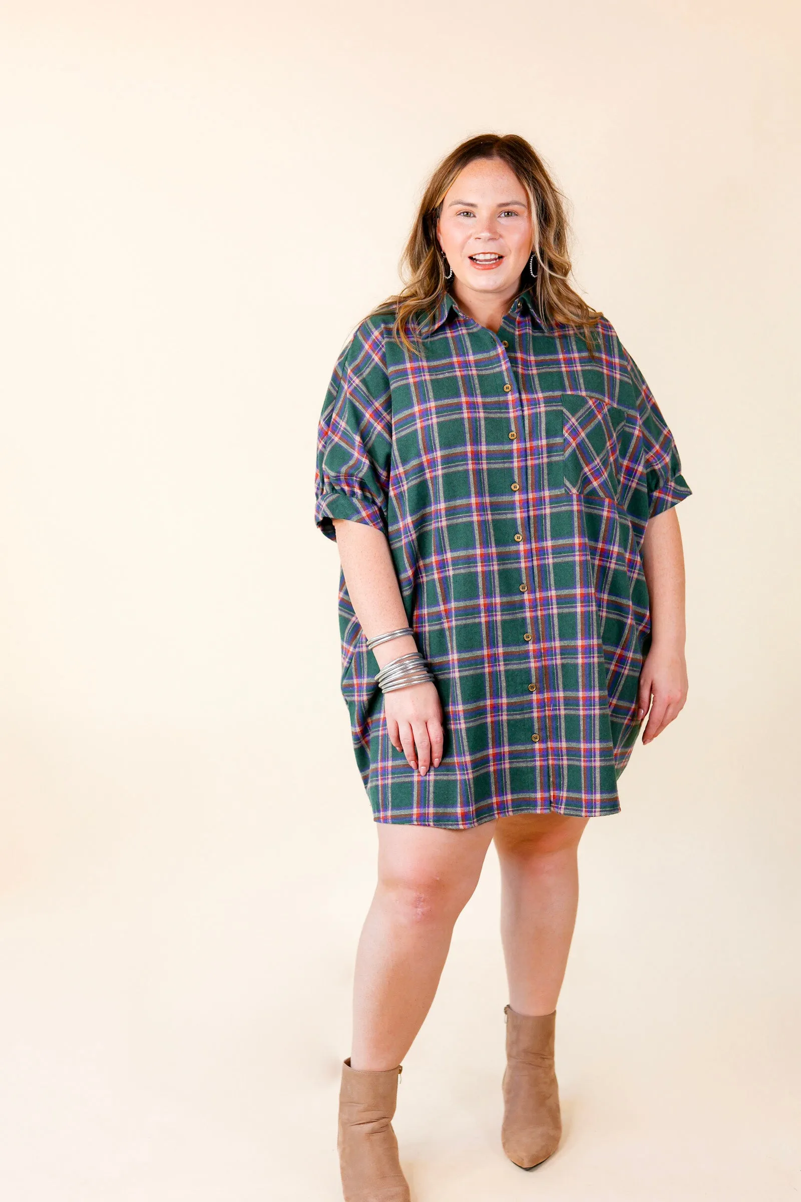 Cozy And Kind Button Up Plaid Dress in Green