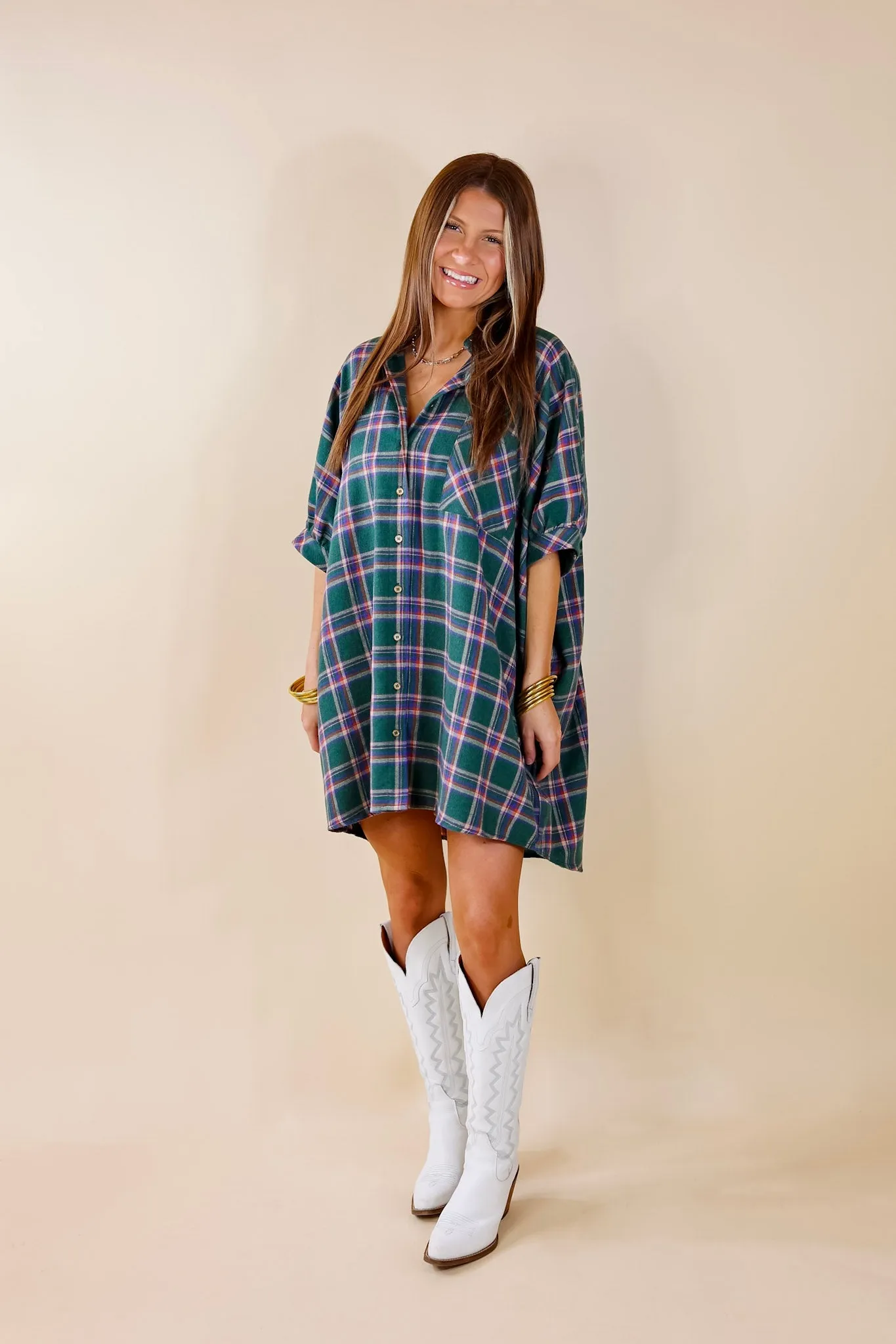 Cozy And Kind Button Up Plaid Dress in Green