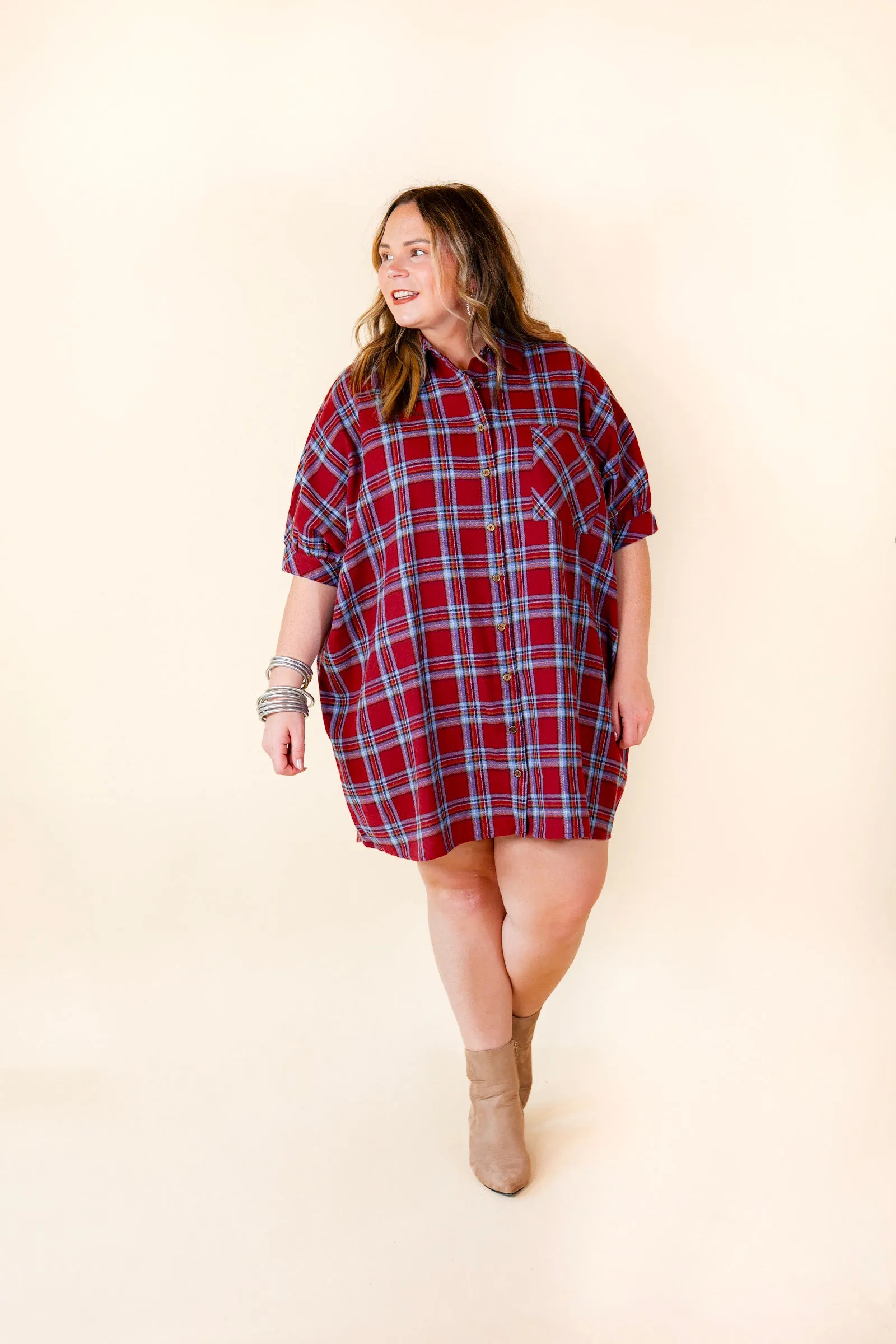 Cozy And Kind Button Up Plaid Dress in Maroon
