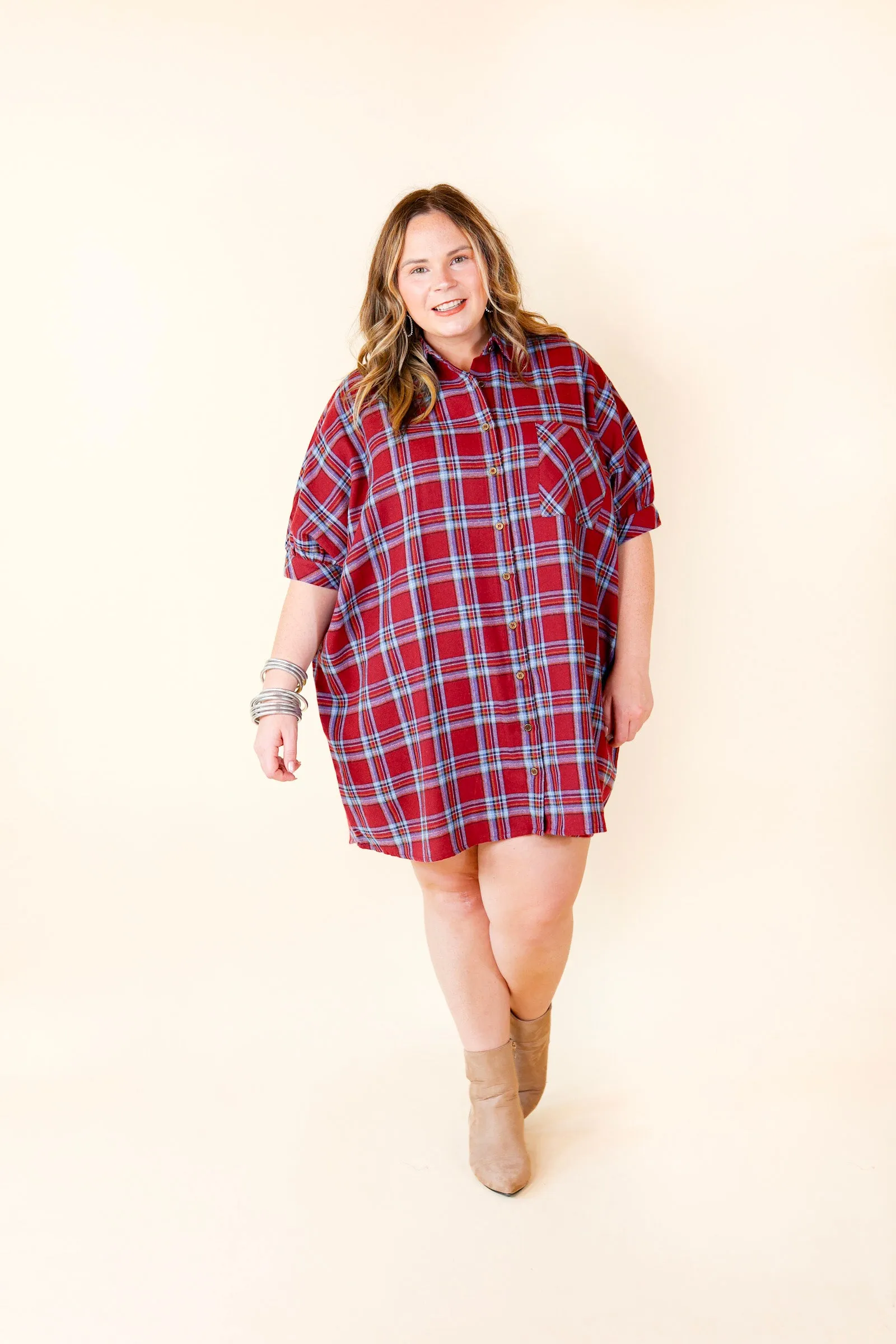 Cozy And Kind Button Up Plaid Dress in Maroon