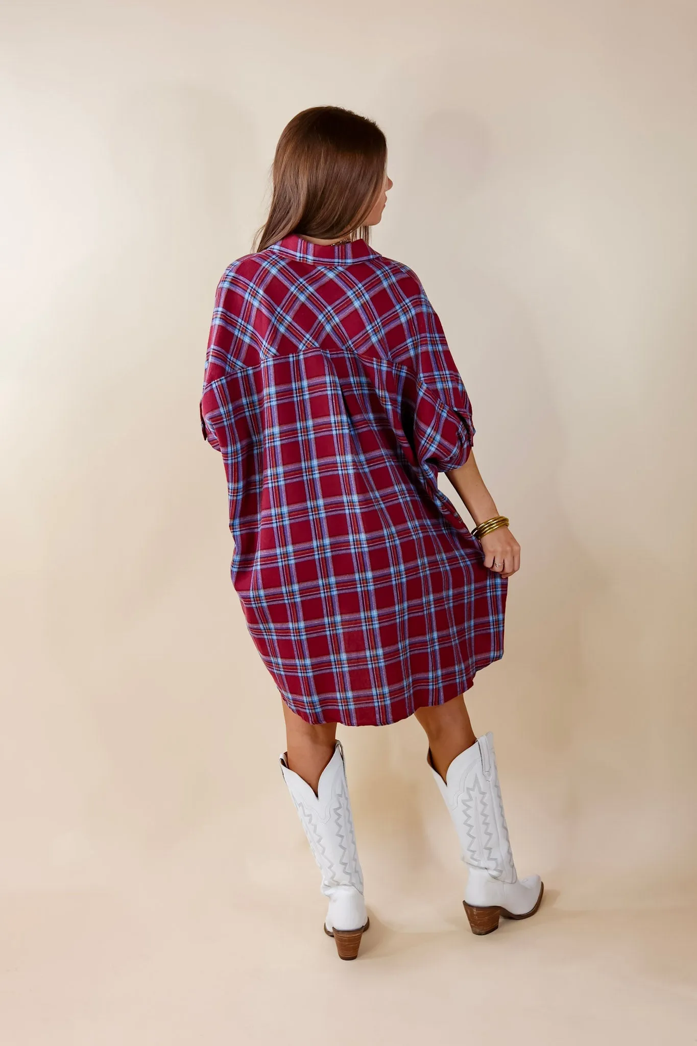 Cozy And Kind Button Up Plaid Dress in Maroon
