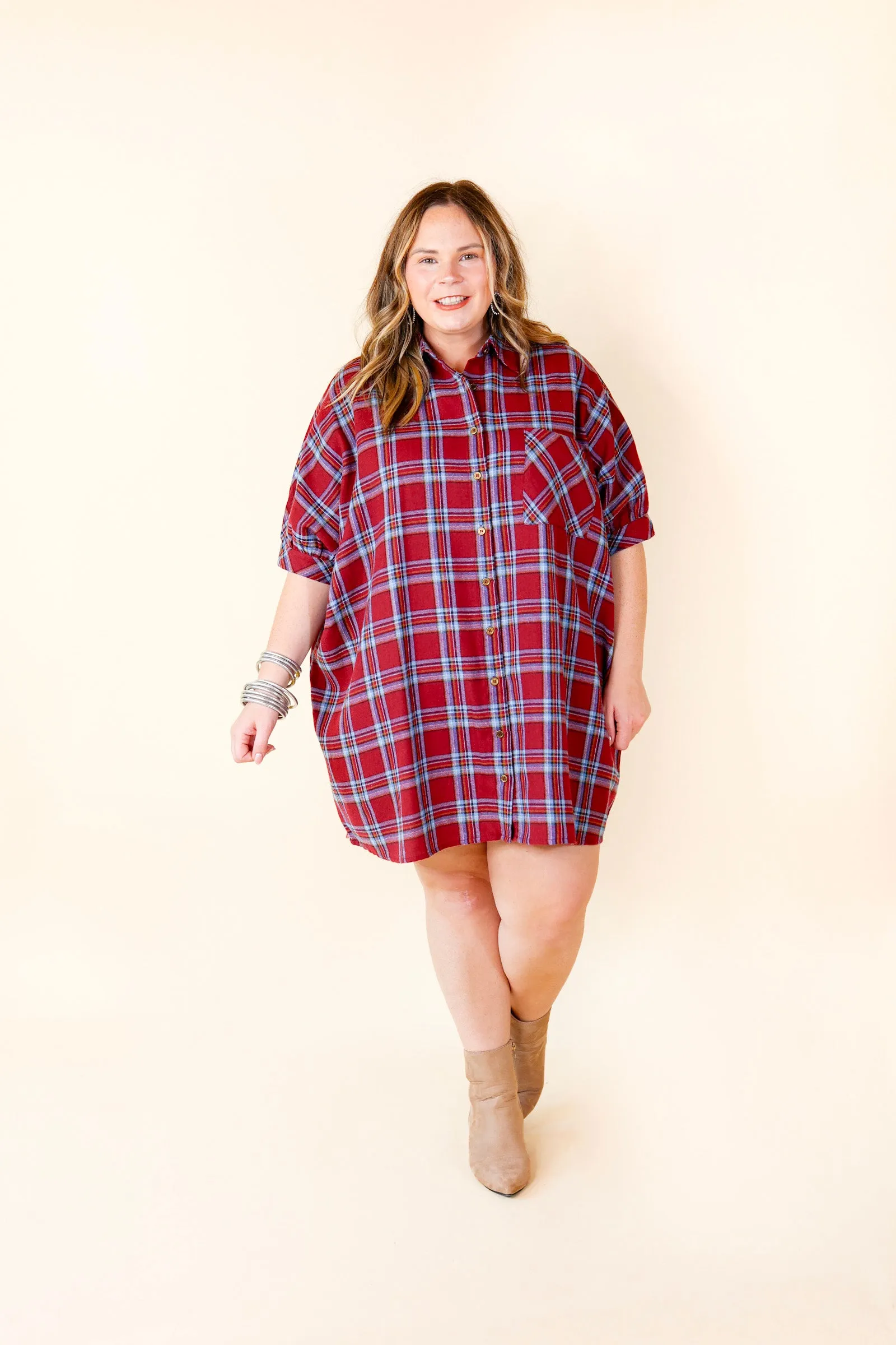 Cozy And Kind Button Up Plaid Dress in Maroon
