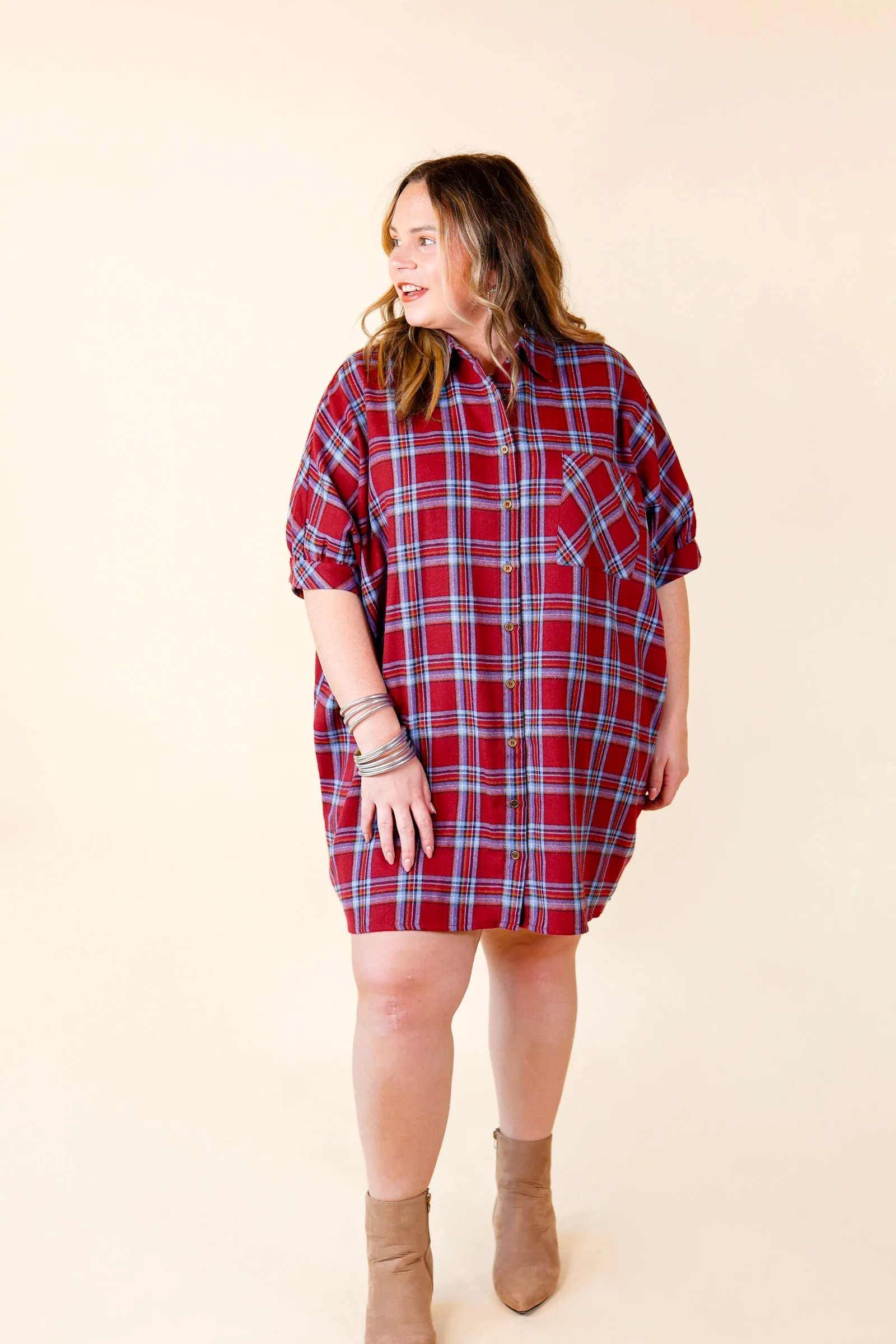 Cozy And Kind Button Up Plaid Dress in Maroon