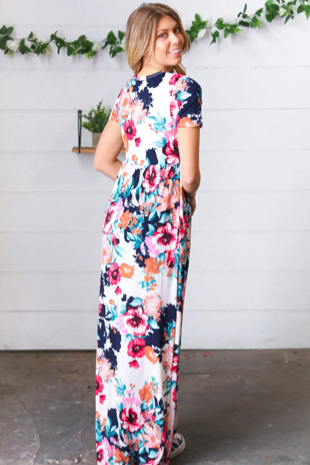 Cream & Navy Floral Pocketed Maxi Dress