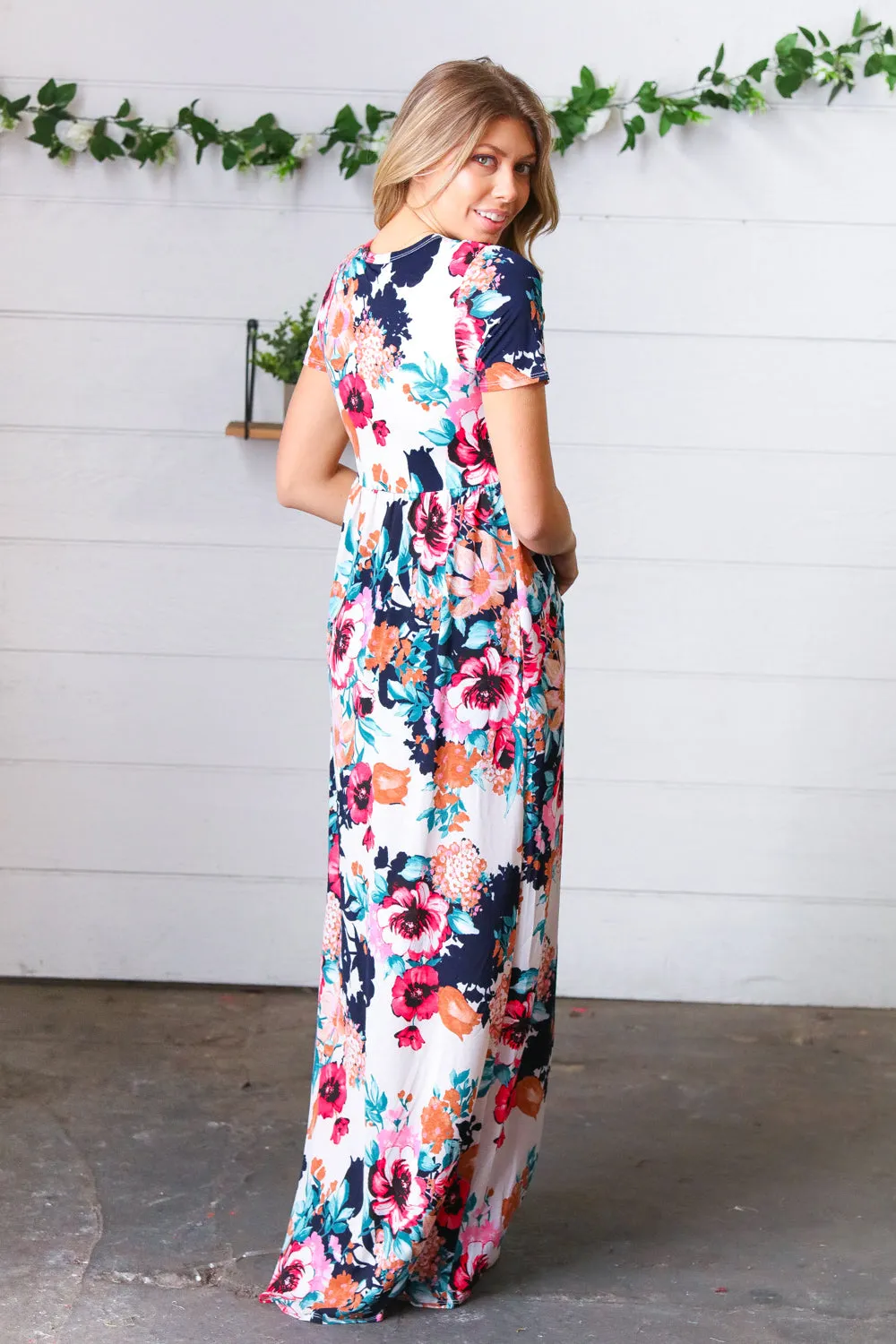Cream & Navy Floral Pocketed Maxi Dress