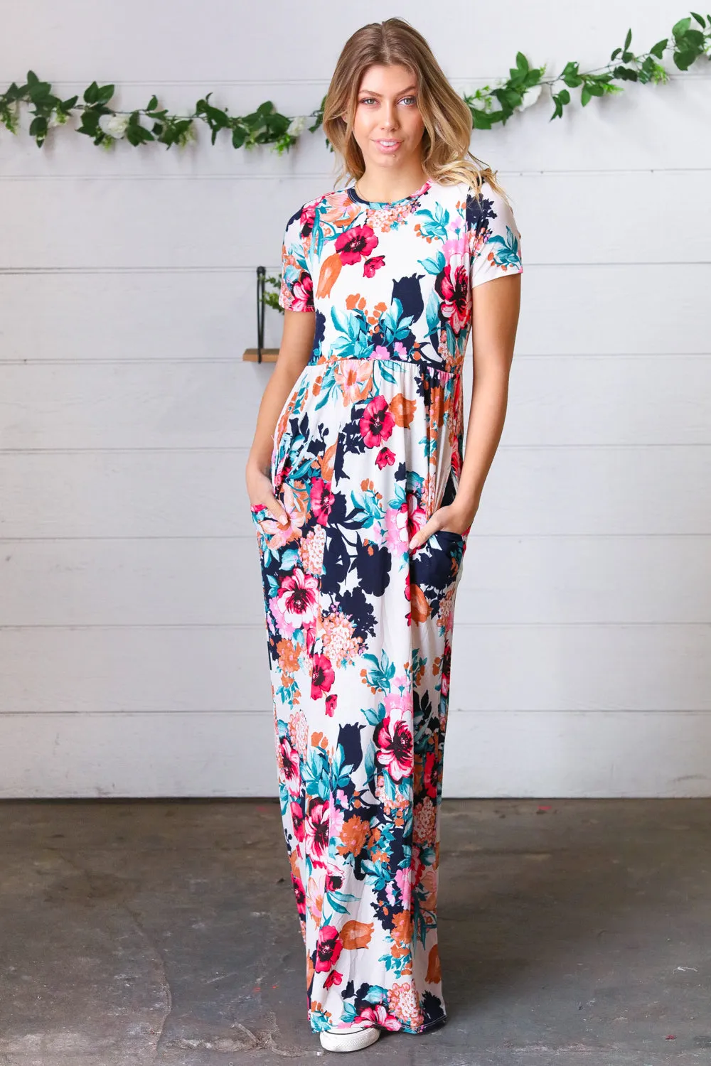 Cream & Navy Floral Pocketed Maxi Dress
