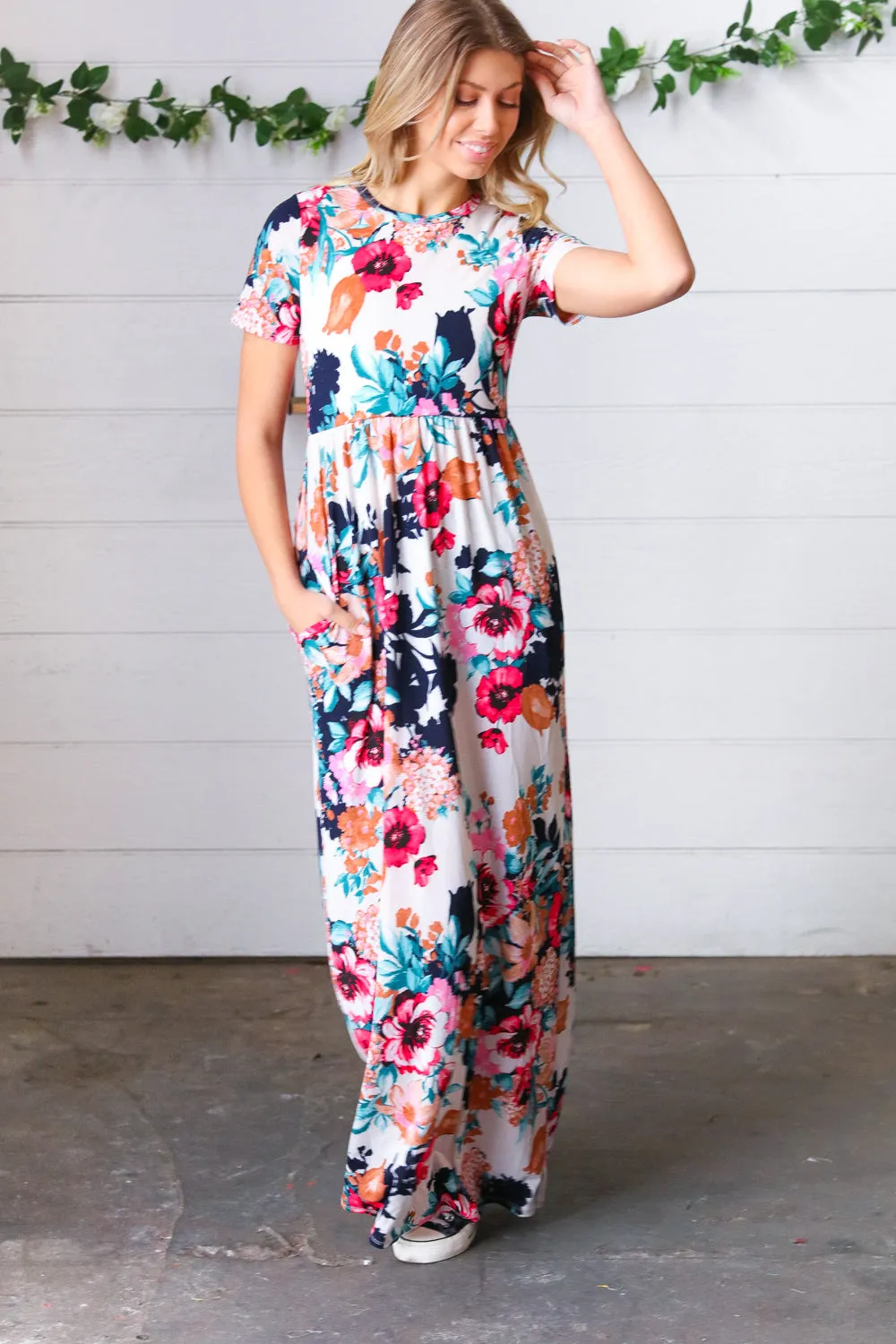 Cream & Navy Floral Pocketed Maxi Dress