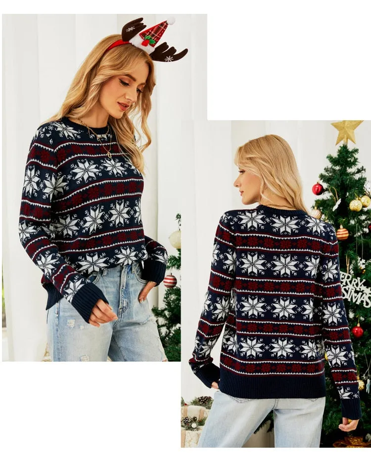 DressBetty - Christmas Long Sleeve Snowflake Round Neck Print Sweater Thick Knit Jumper Warm Sweater