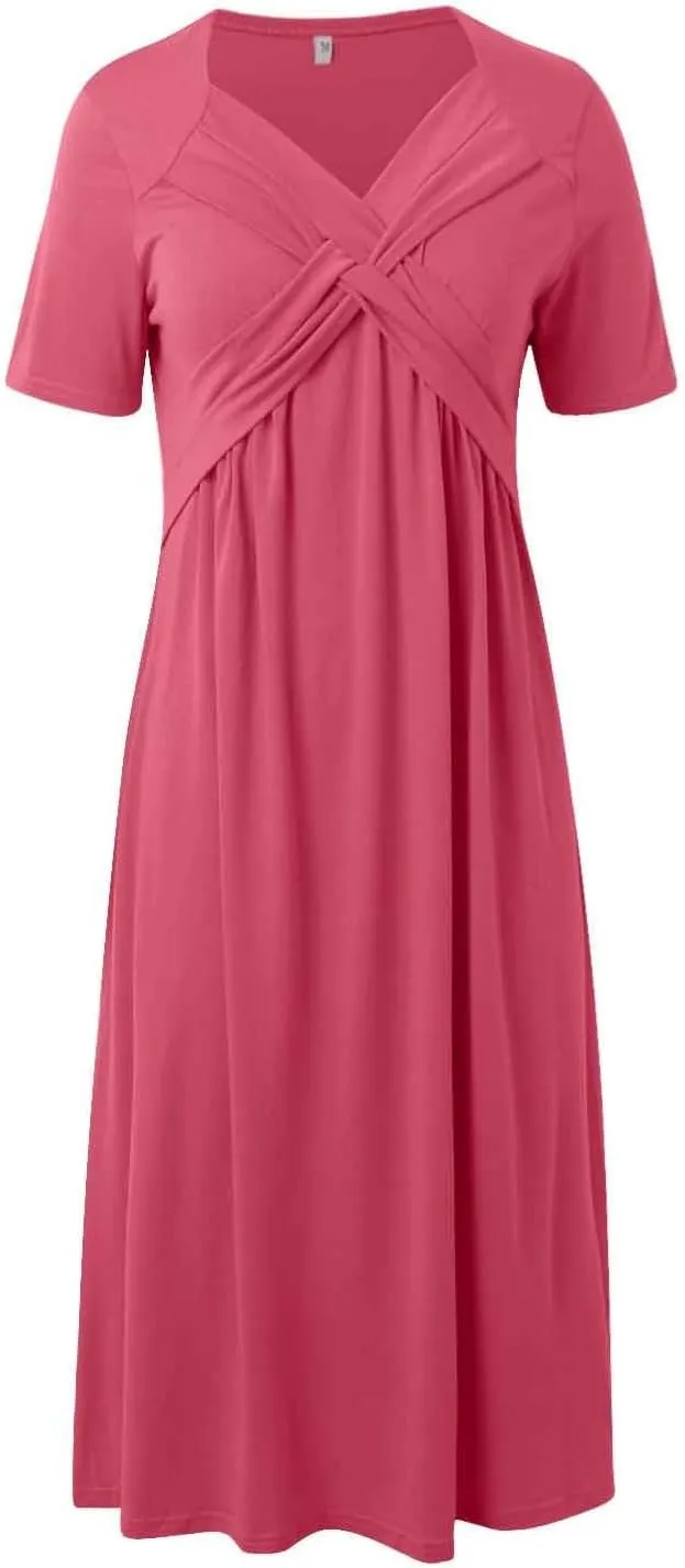 Dresses for Women 2024 Casual Summer Vacation Short Sleeve Tie Wrap V Neck Flowy Midi Dresses Beach Sundress with Pockets