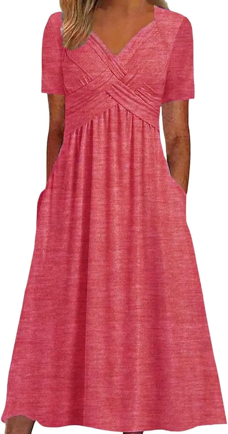 Dresses for Women 2024 Casual Summer Vacation Short Sleeve Tie Wrap V Neck Flowy Midi Dresses Beach Sundress with Pockets