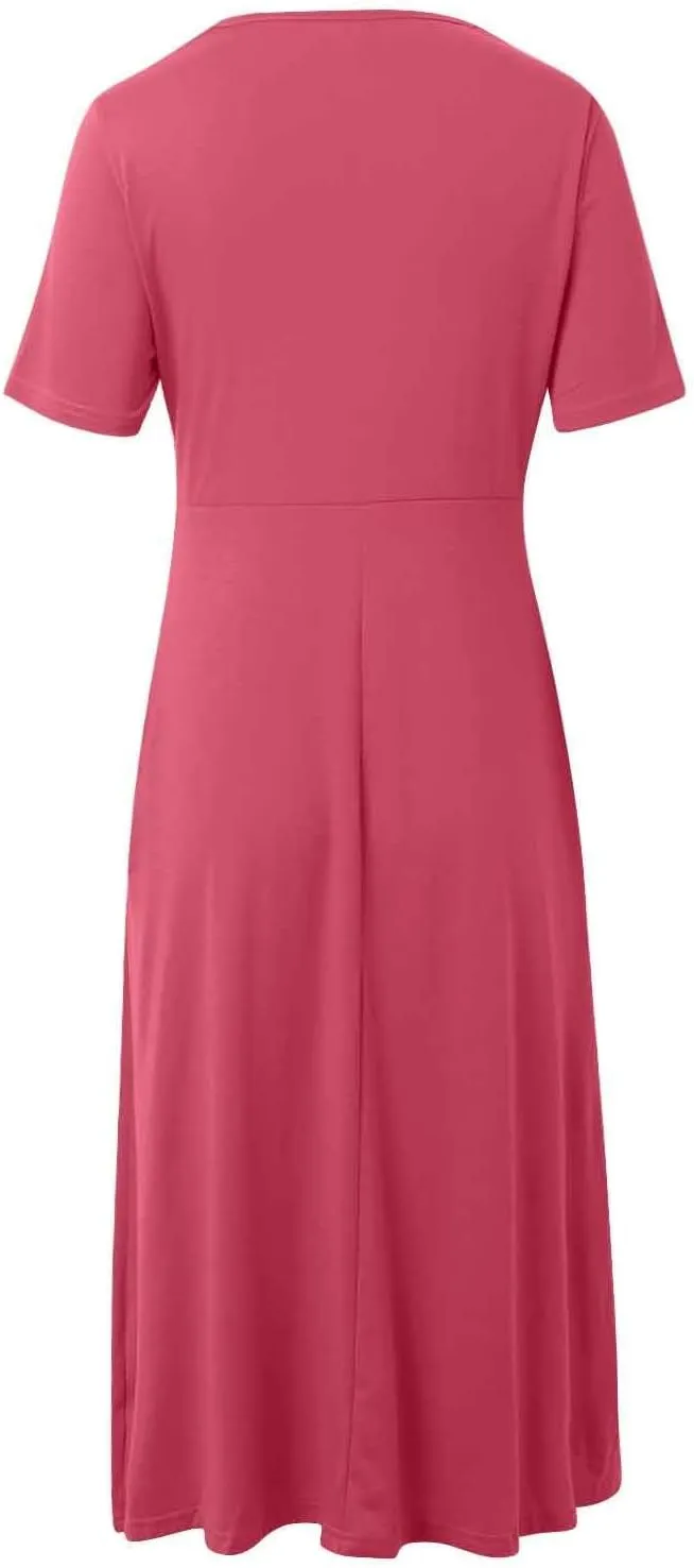 Dresses for Women 2024 Casual Summer Vacation Short Sleeve Tie Wrap V Neck Flowy Midi Dresses Beach Sundress with Pockets