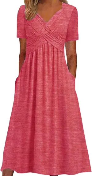 Dresses for Women 2024 Casual Summer Vacation Short Sleeve Tie Wrap V Neck Flowy Midi Dresses Beach Sundress with Pockets