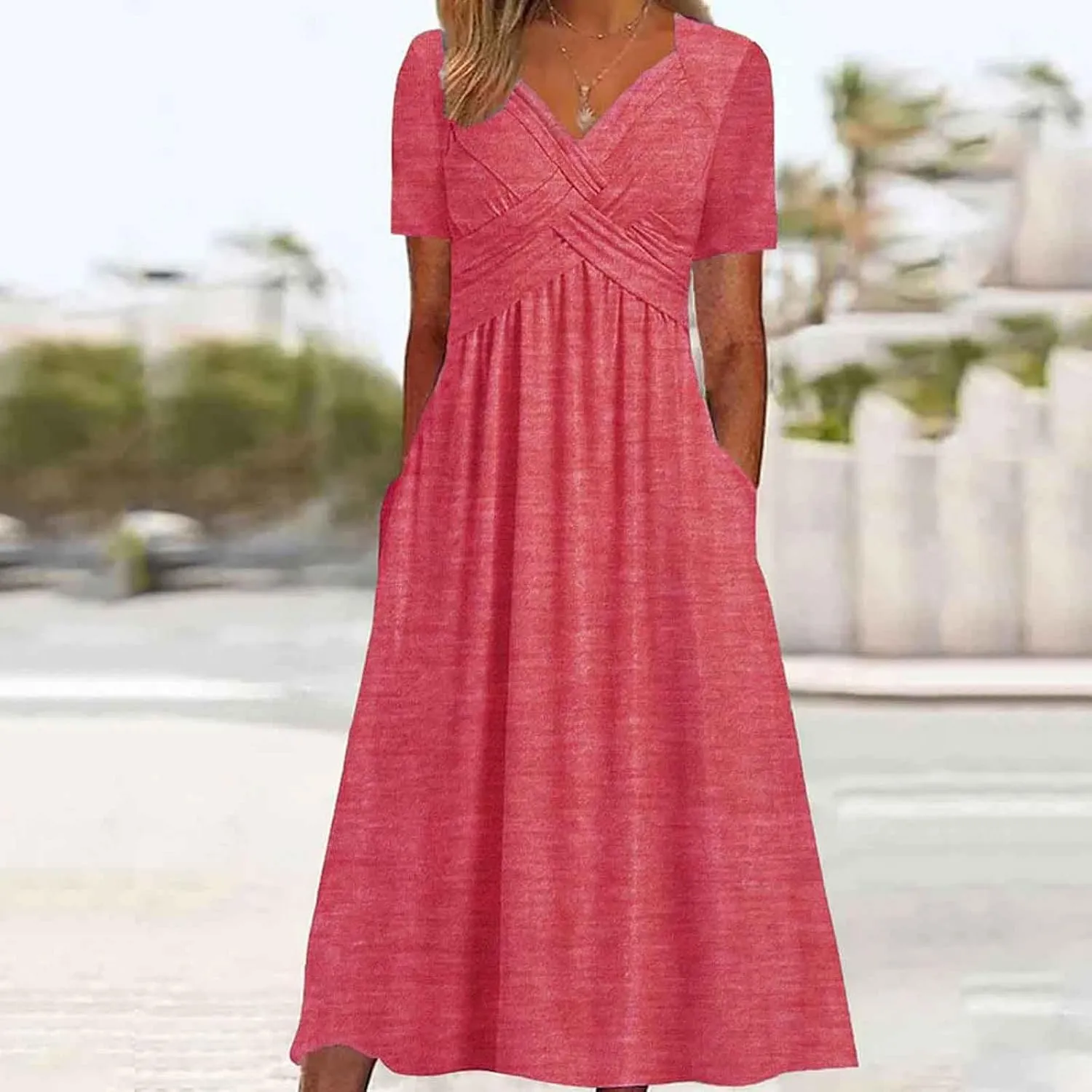 Dresses for Women 2024 Casual Summer Vacation Short Sleeve Tie Wrap V Neck Flowy Midi Dresses Beach Sundress with Pockets