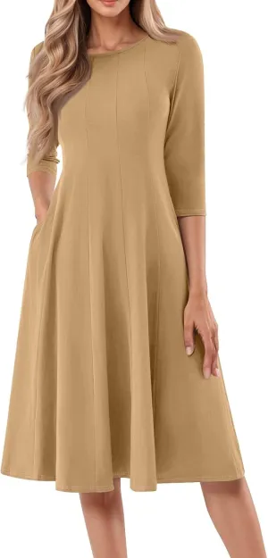 Dresses for Women Spring Round Neck 3/4 Sleeve Midi Dress A Line Pleated Solid Color Dresses Dresses for Women Spring Round Neck 3/4 Sleeve Midi Dress A Line Pleated Solid Color Dresses