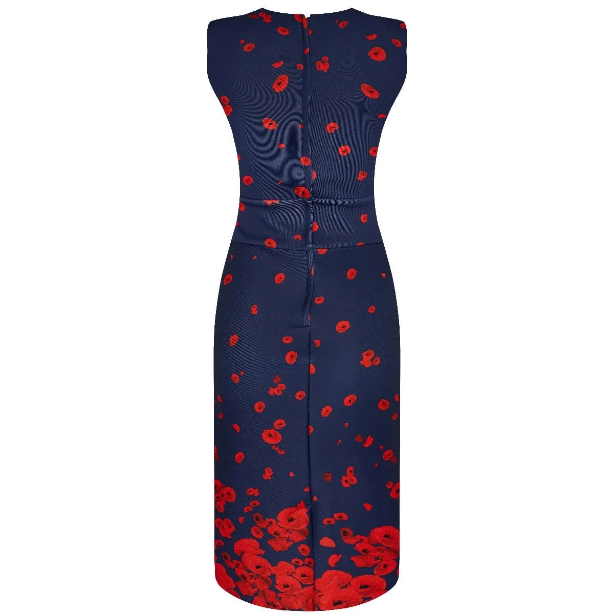 Emma Queen Anne Neckline Wiggle Dress Navy with Poppy Flowers