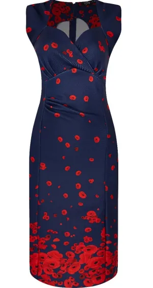 Emma Queen Anne Neckline Wiggle Dress Navy with Poppy Flowers