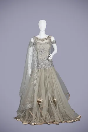 Enchanting Gray Net Gown with Delicate Pearl Work