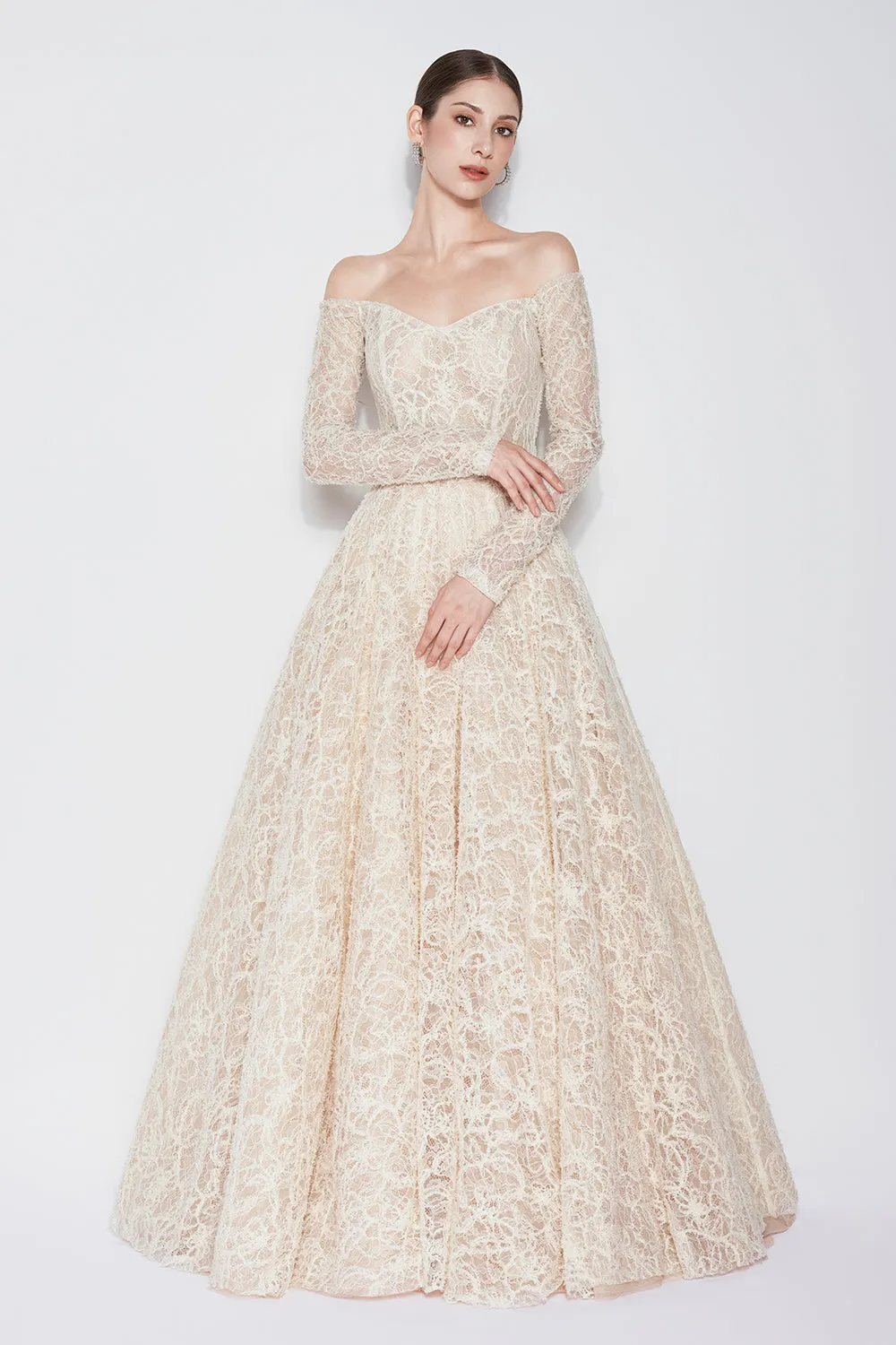 Ethereal Blossom Ball Gown Long Sleeved Lace Floor Length Dress