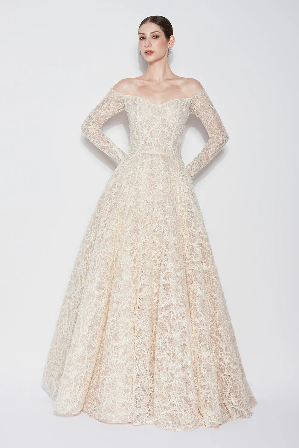 Ethereal Blossom Ball Gown Long Sleeved Lace Floor Length Dress