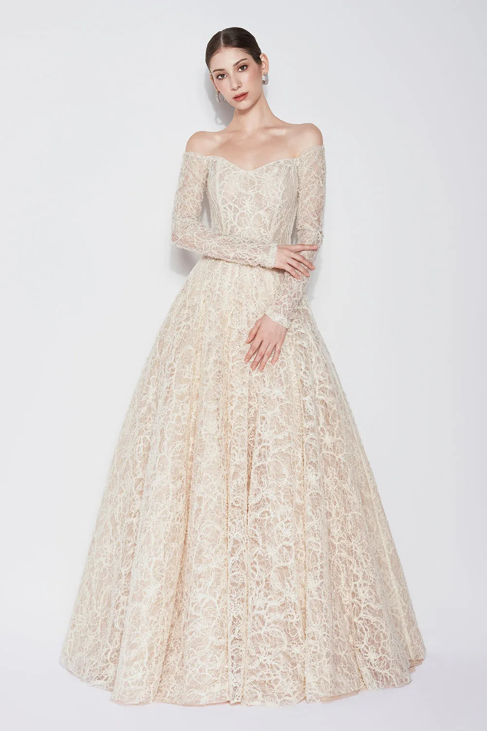 Ethereal Blossom Ball Gown Long Sleeved Lace Floor Length Dress