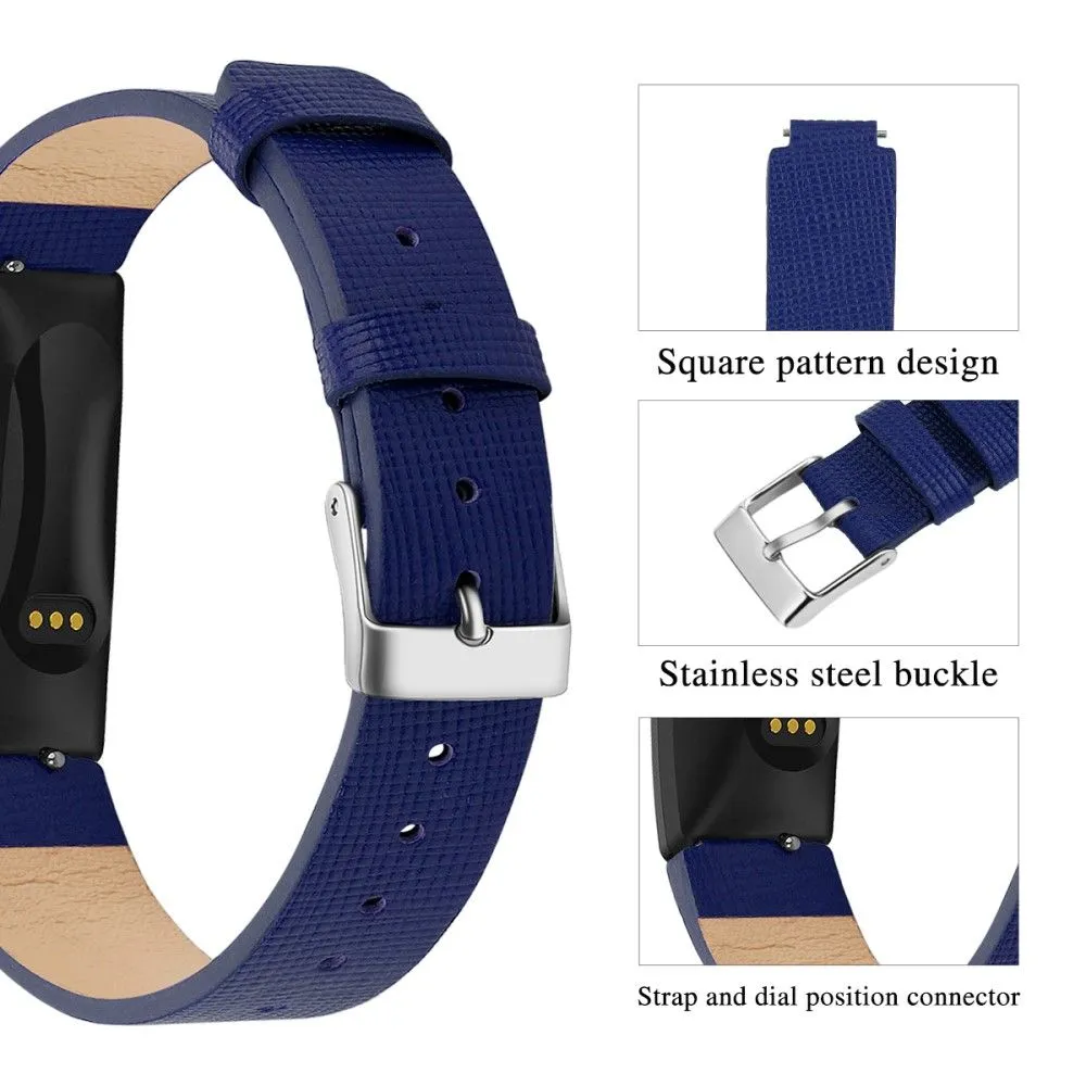 Fitbit Inspire / Inspire HR square pattern genuine leather watch strap - Blue / Size: L