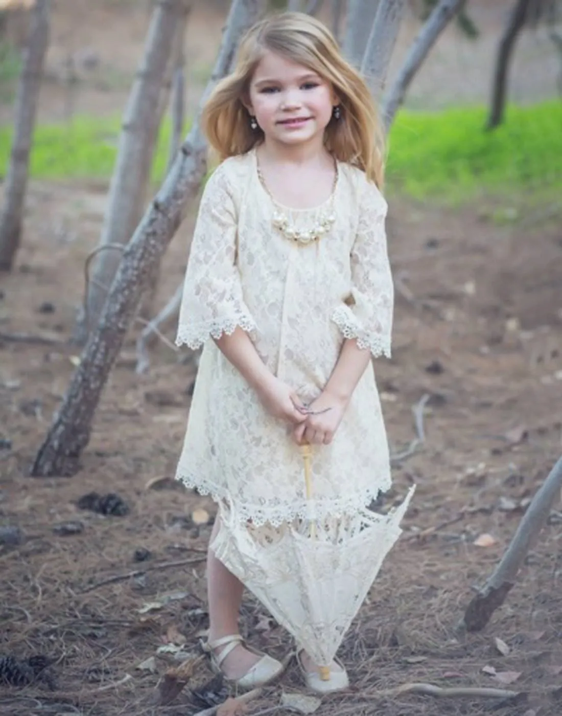 Floral Lace Dress With a Pearl Necklace - Ivory