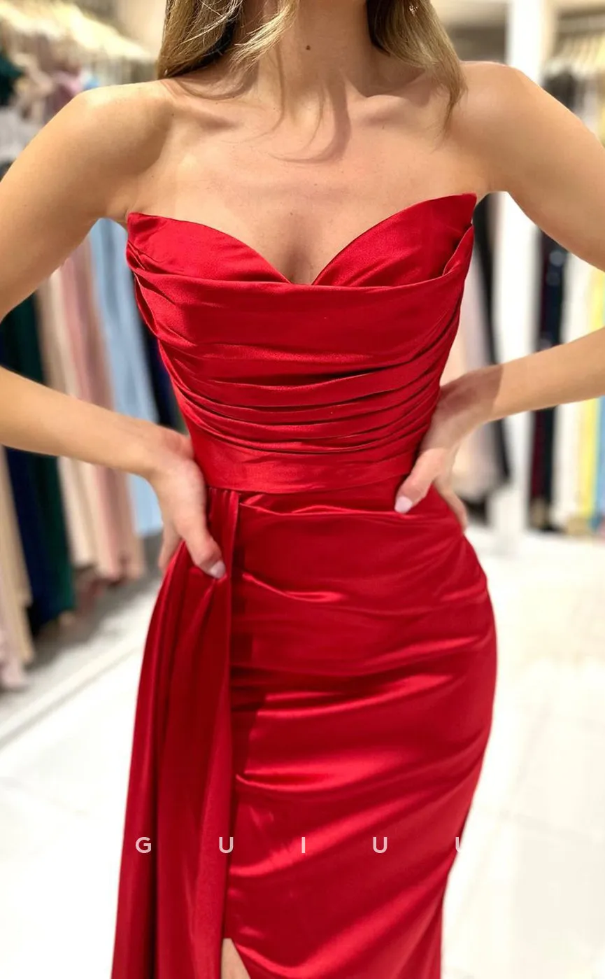 G3040 - Chic & Modern Sweetheart Pleats Long Formal Prom Dress With Slit