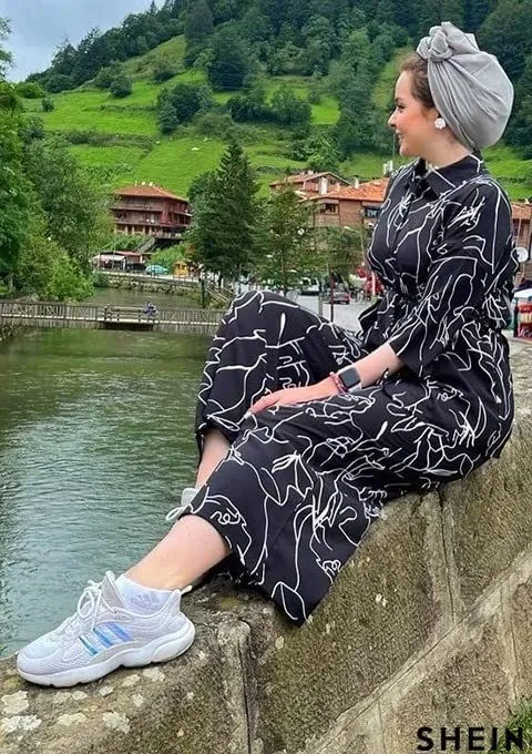 GRECIILOOKS Women Co Ord Set| Collared Self Belted Allover Print| Half Sleeve Shirt| Straight Shirt with Belt| Women Two-Piece Outfits| Summer Wear| Outdoor Wear (X-Large, Black)