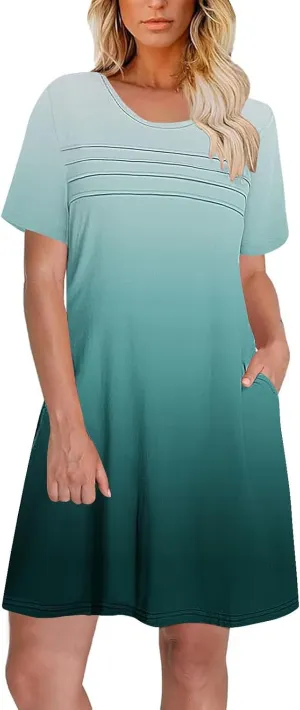 hlysgo Summer Dresses for Women 2025 Trendy Tie-Dye Print Short Sleeve Crew Neck Ruched Dress Beach Mini Dress with Pockets