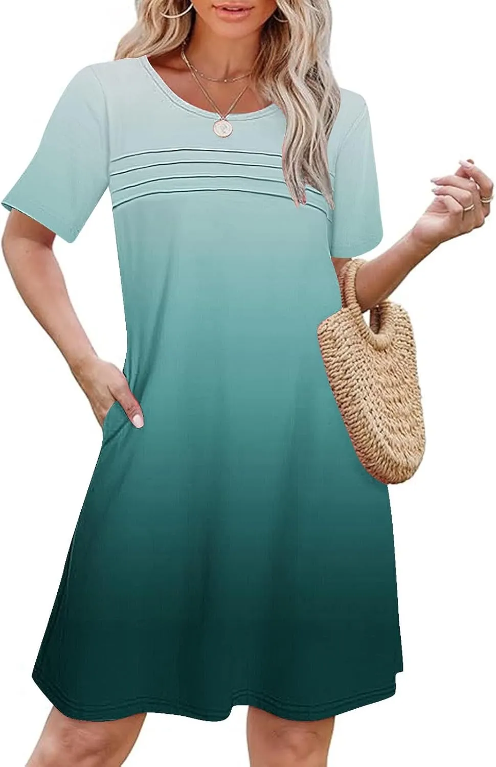 hlysgo Summer Dresses for Women 2025 Trendy Tie-Dye Print Short Sleeve Crew Neck Ruched Dress Beach Mini Dress with Pockets
