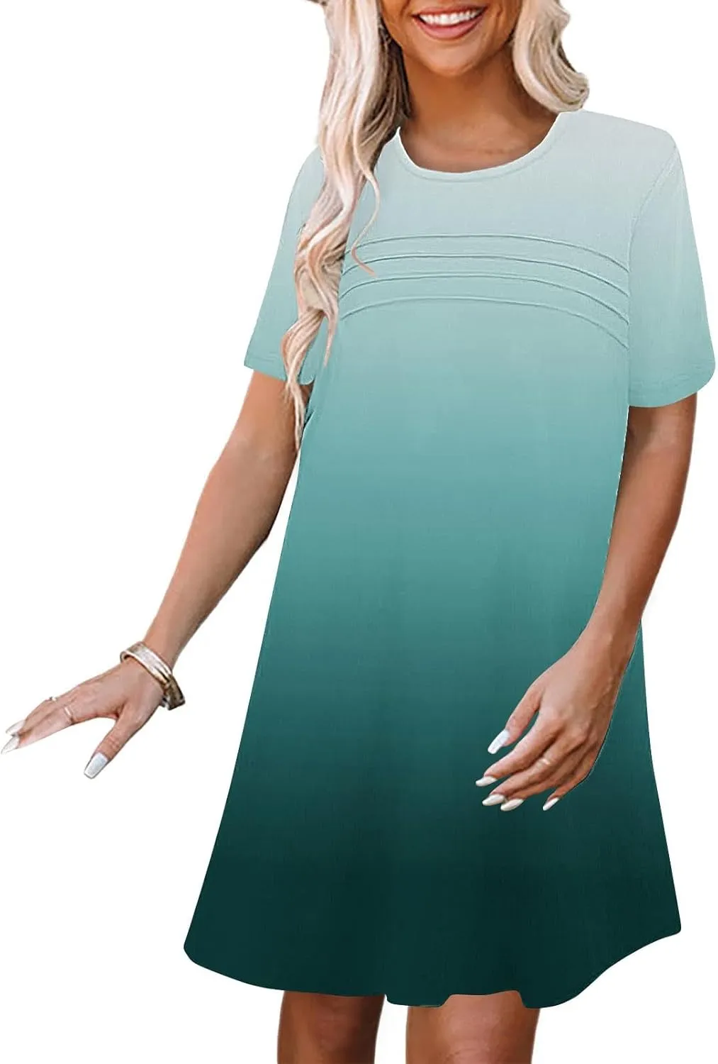 hlysgo Summer Dresses for Women 2025 Trendy Tie-Dye Print Short Sleeve Crew Neck Ruched Dress Beach Mini Dress with Pockets