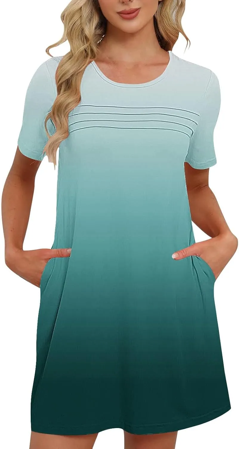 hlysgo Summer Dresses for Women 2025 Trendy Tie-Dye Print Short Sleeve Crew Neck Ruched Dress Beach Mini Dress with Pockets