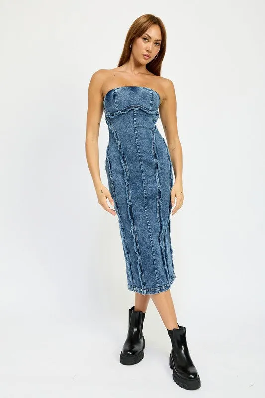 Hot Girl Frayed Seam Strapless Denim Midi Dress