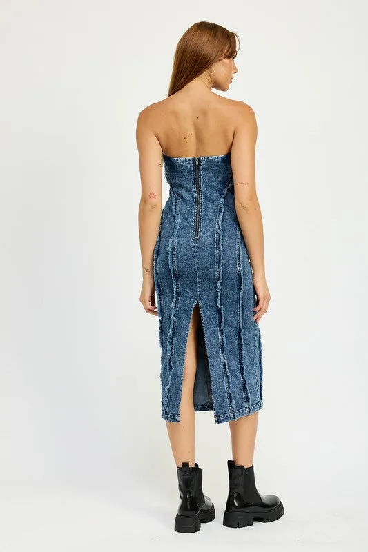 Hot Girl Frayed Seam Strapless Denim Midi Dress