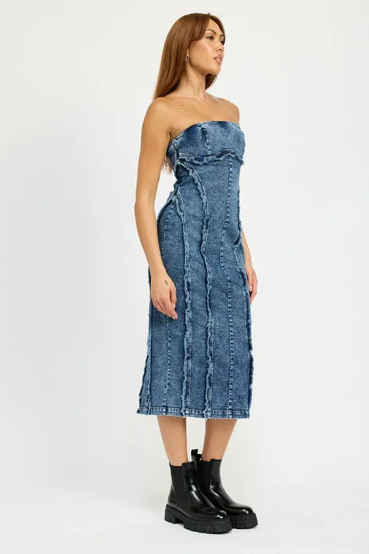 Hot Girl Frayed Seam Strapless Denim Midi Dress