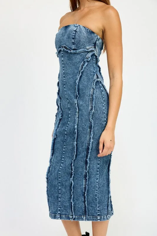 Hot Girl Frayed Seam Strapless Denim Midi Dress