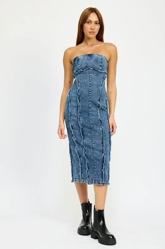 Hot Girl Frayed Seam Strapless Denim Midi Dress