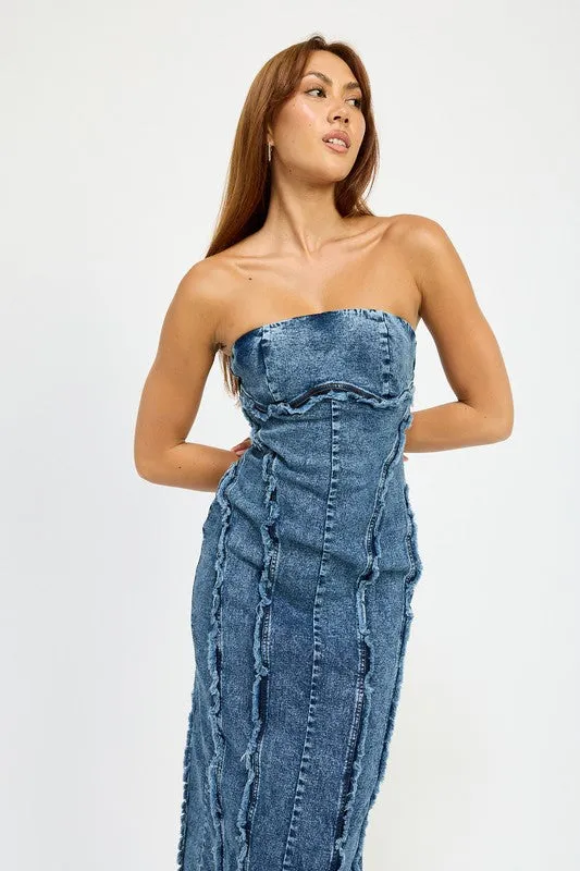 Hot Girl Frayed Seam Strapless Denim Midi Dress