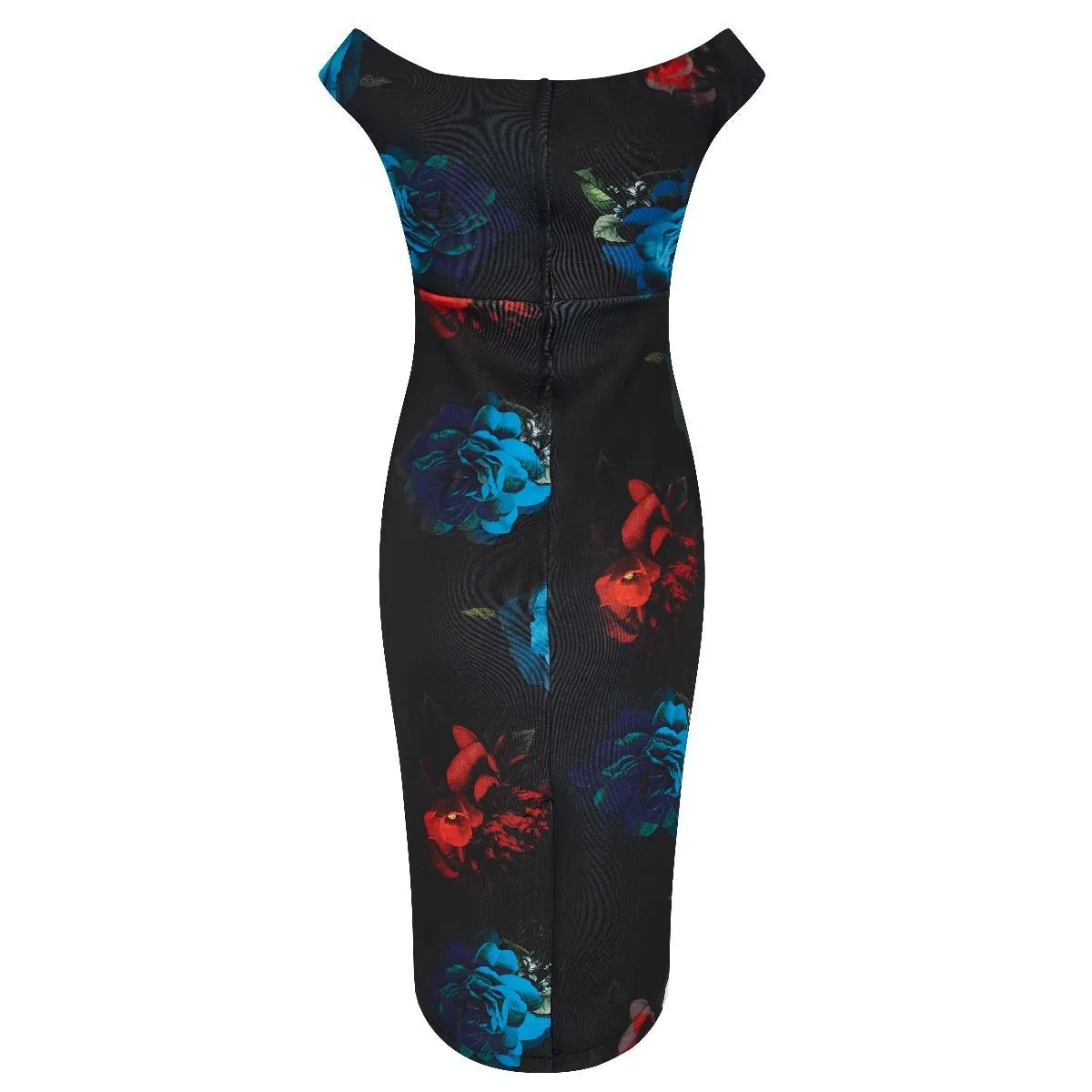 Isabella Off-Shoulder Wiggle Dress Black, Blue & Red Roses