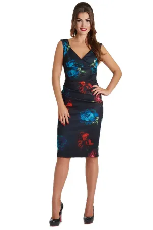 Isabella Off-Shoulder Wiggle Dress Black, Blue & Red Roses