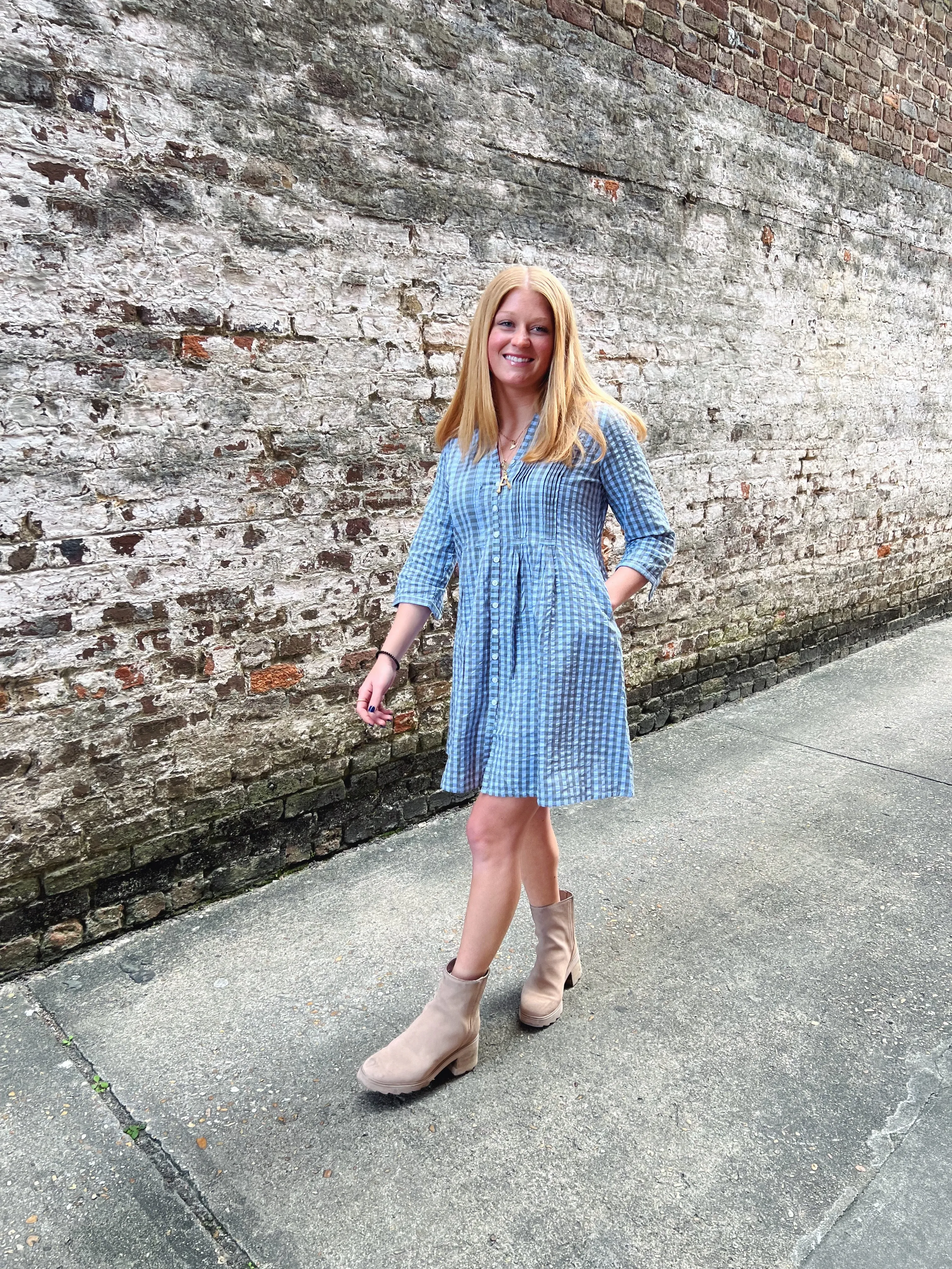 Juliette Dress Blue Bird Grey Gingham