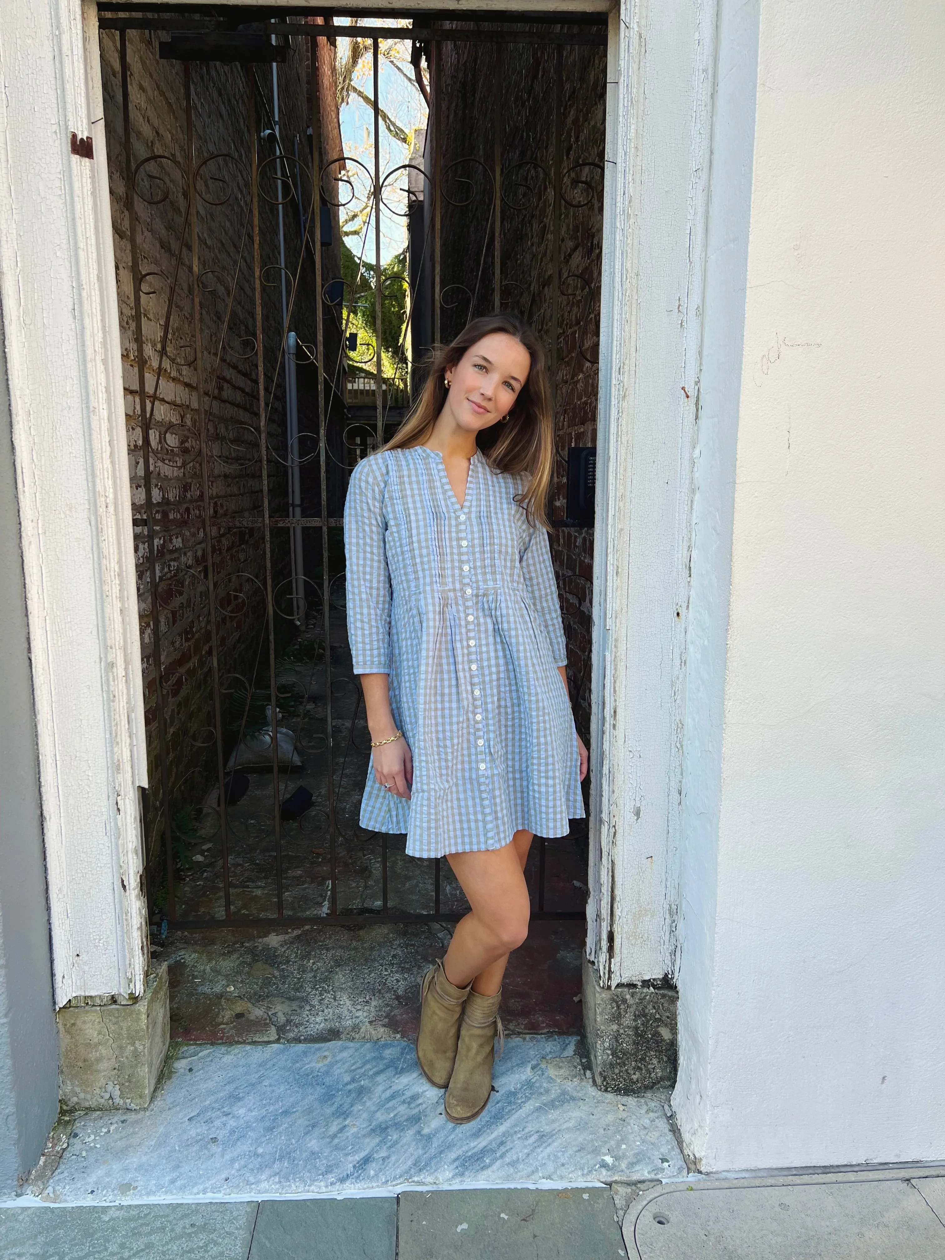 Juliette Dress Blue Bird Grey Gingham