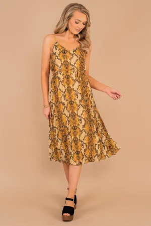 Just For Tonight Mustard Yellow Snake Midi Dress