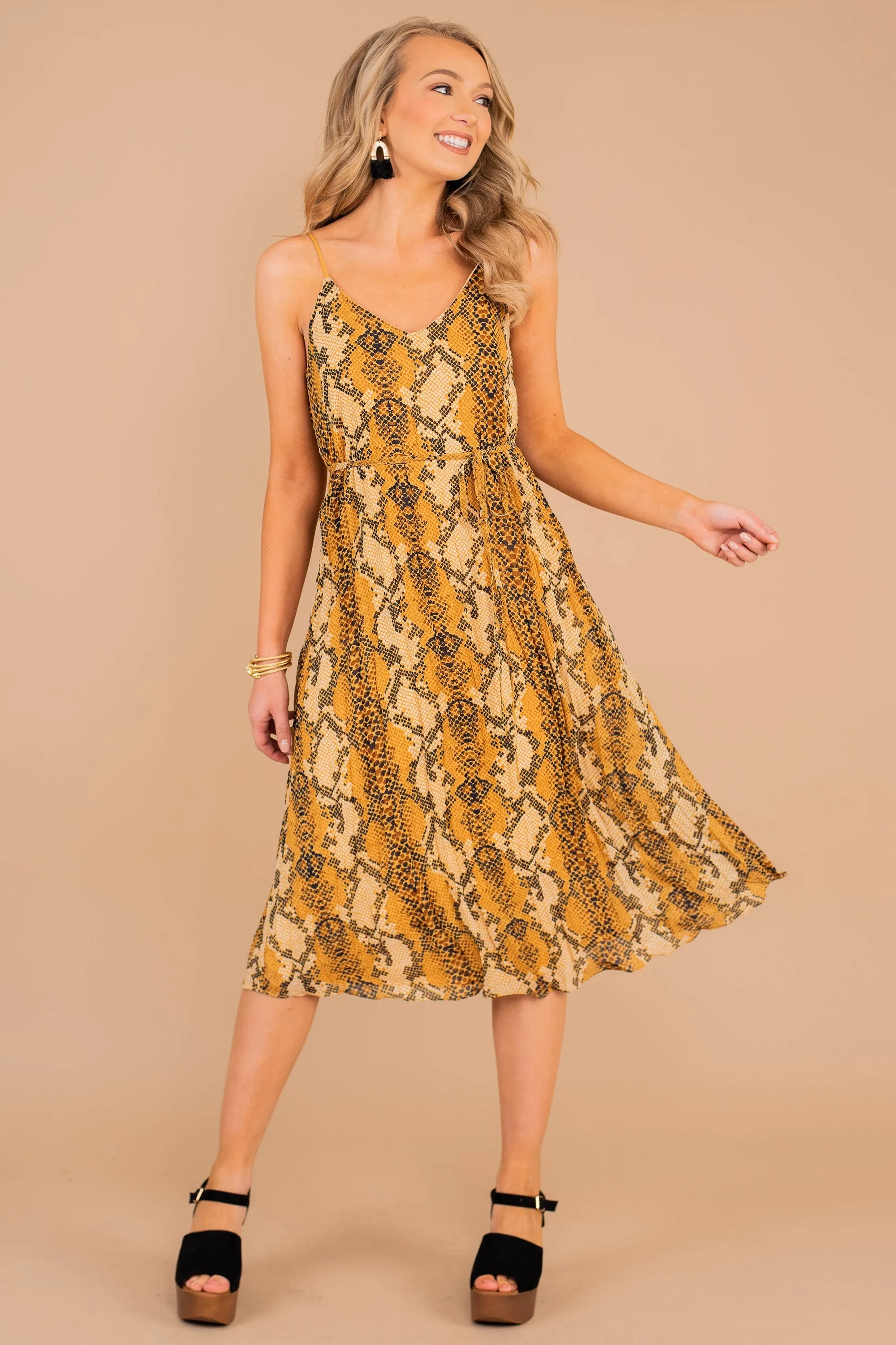 Just For Tonight Mustard Yellow Snake Midi Dress