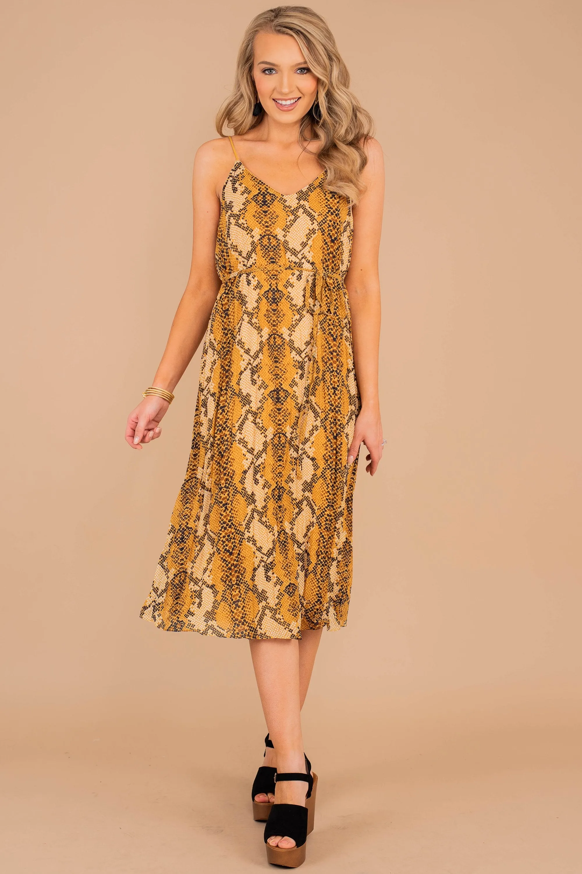 Just For Tonight Mustard Yellow Snake Midi Dress