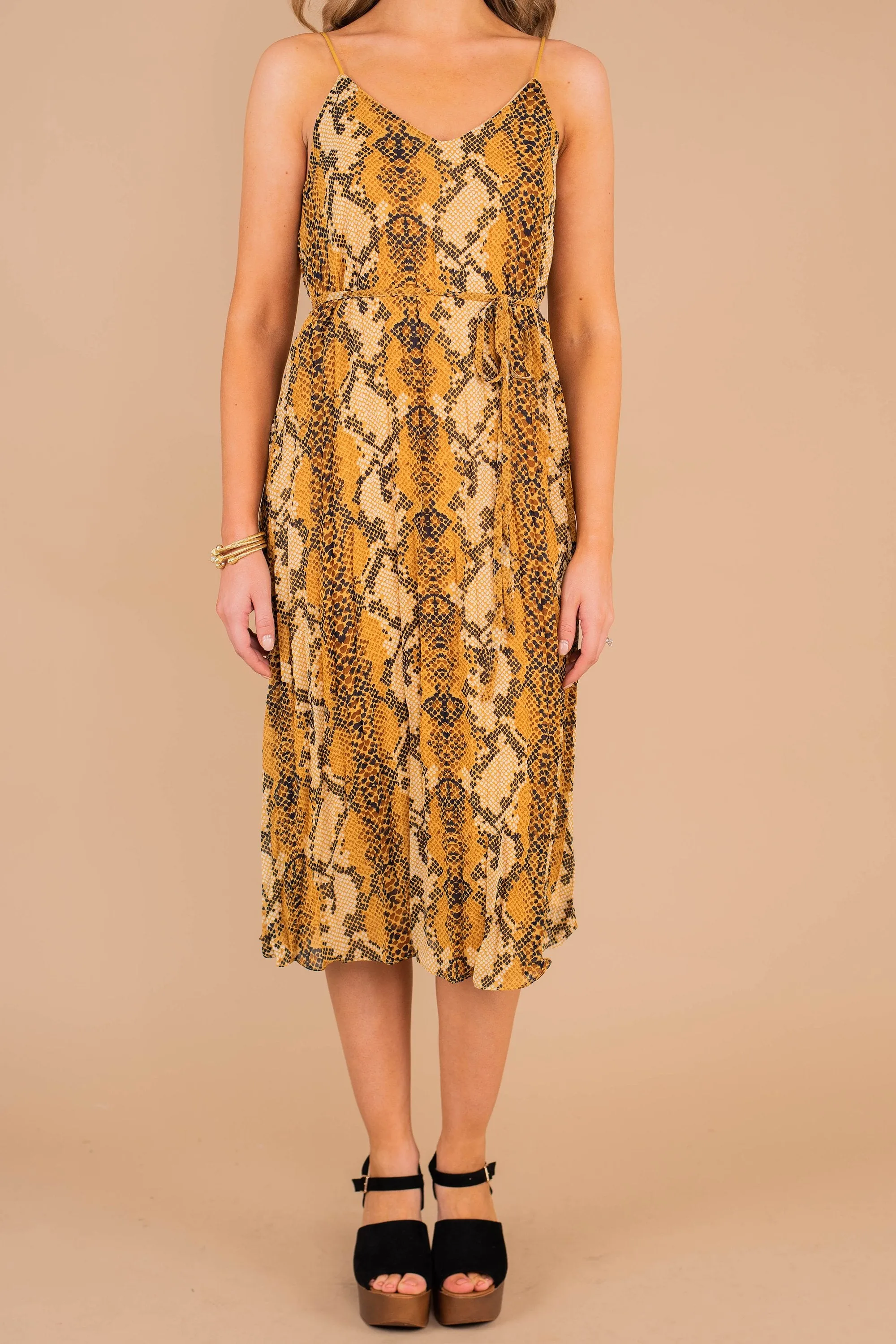 Just For Tonight Mustard Yellow Snake Midi Dress