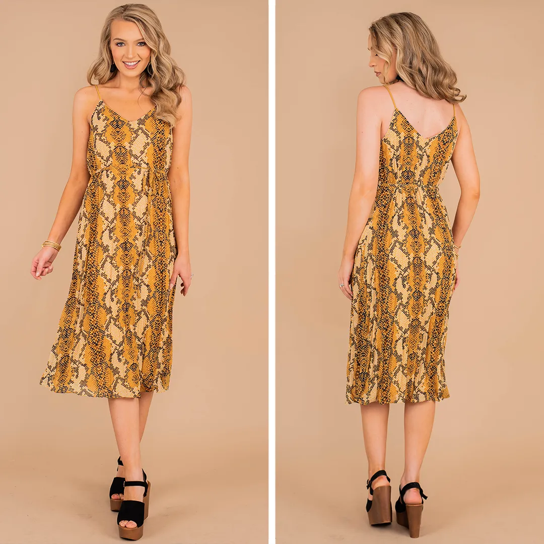 Just For Tonight Mustard Yellow Snake Midi Dress