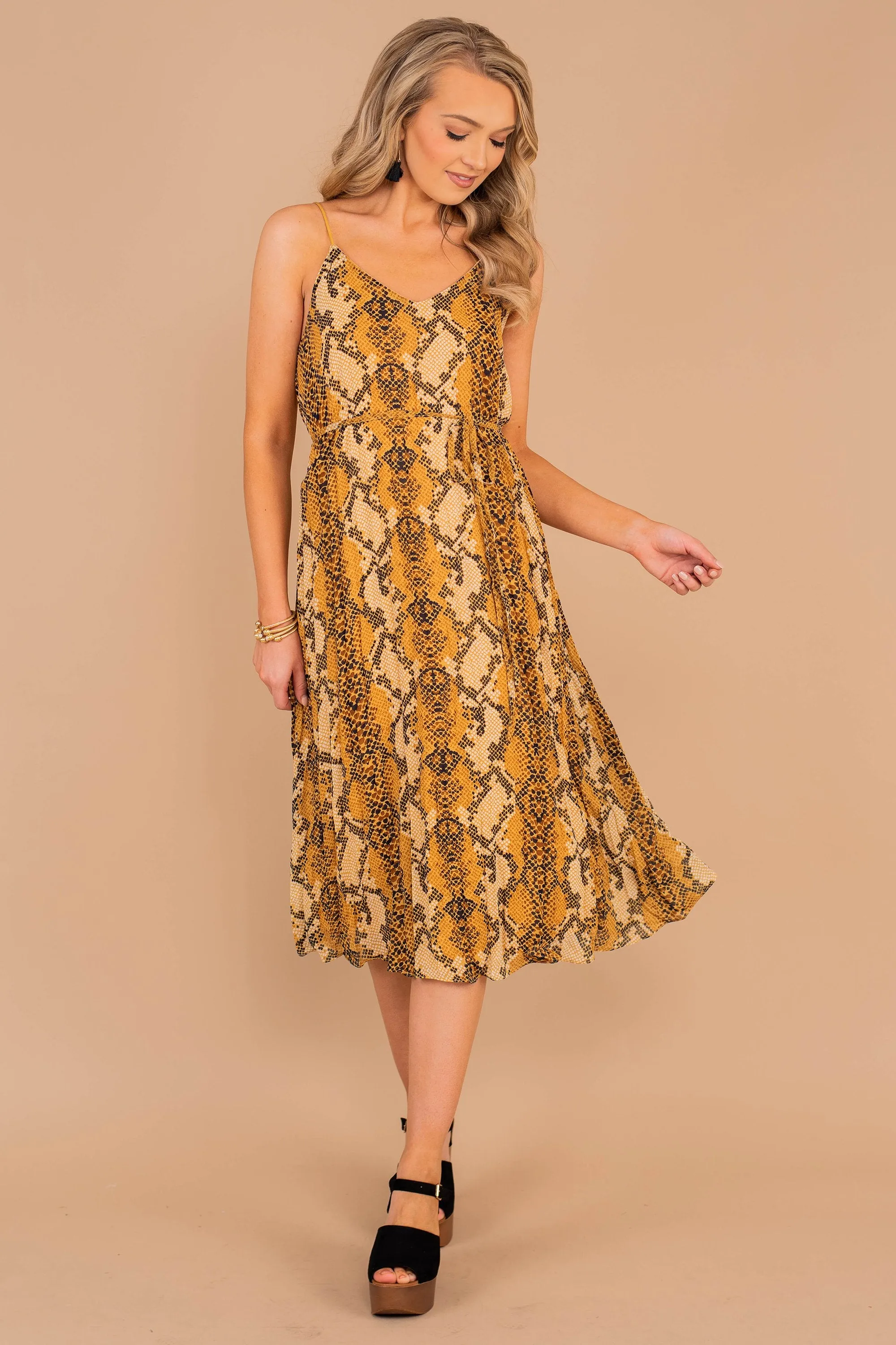 Just For Tonight Mustard Yellow Snake Midi Dress